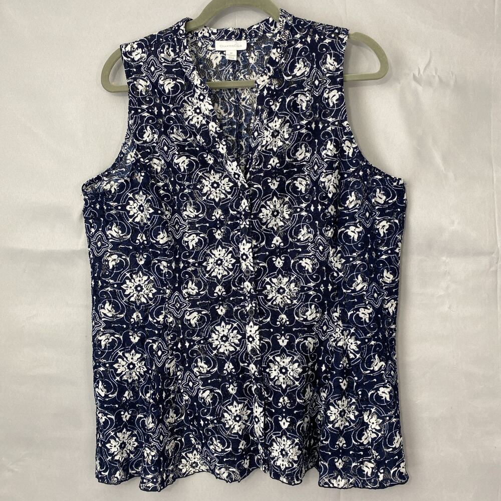 Charter Club Top Womens M Sheer Lace Print Sleeveless Blue Tunic V-Neck Floral